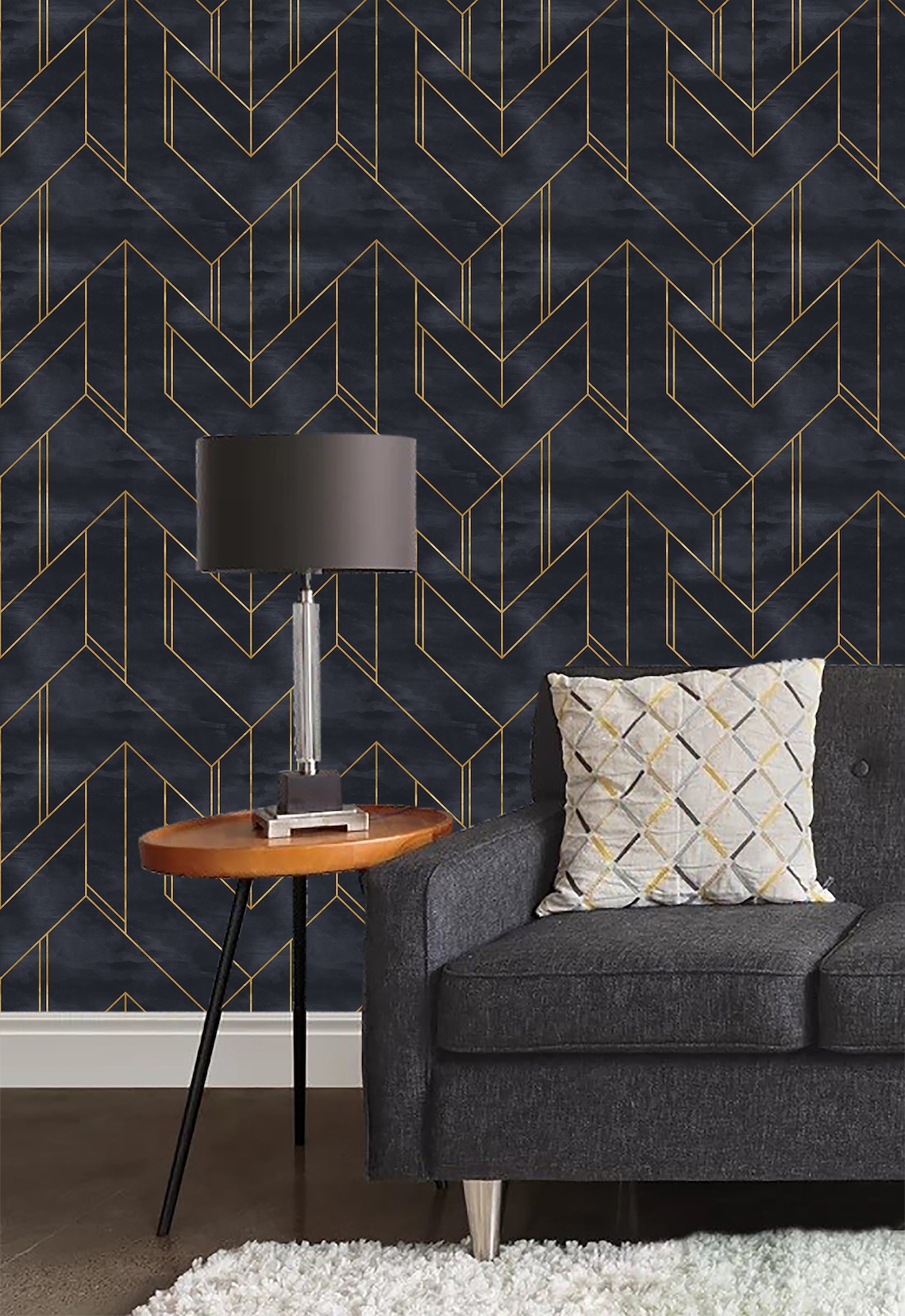 Geometric Gold and Navy Blue Wallpaper - Etsy