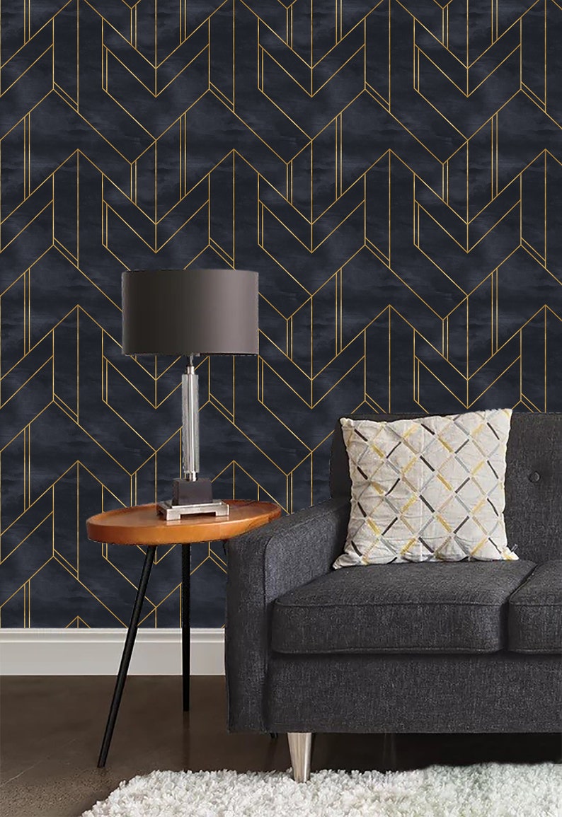Geometric Gold and Navy Blue Wallpaper