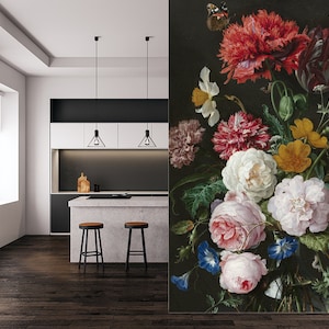 Dark Floral Peel and Stick Wallpaper, Dutch Flowers Oil Painting Wall Mural, Still Life Dark Flowers Wall Art Decor