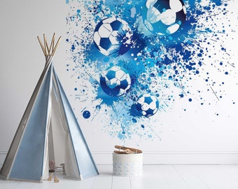 Football Splash Blue Wall Mural, Peel and stick wallpaper, autoadhesivo, removible, estadio de fútbol, cueva del hombre, decoración de la pared, deportes