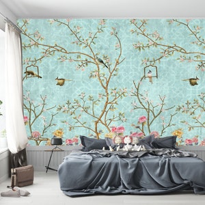 Chinoiserie wallpaper, Floral Murals Wallpaper with Birds, Peel and stick, Reusable Fabric Wallpaper Murals
