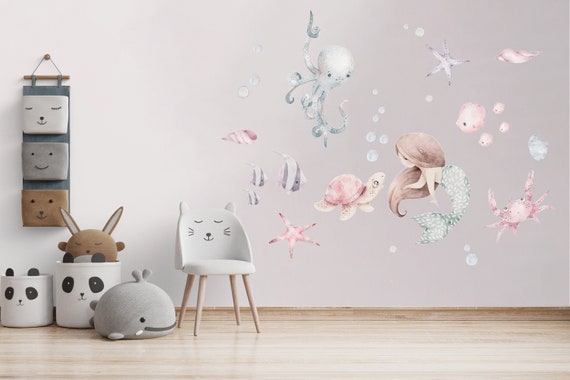 Nursery Mermaid Wall Decal, Watercolor Design (Peel and Stick) - Removable Glue Back, Under The Sea Decor, Childrens Room Mural