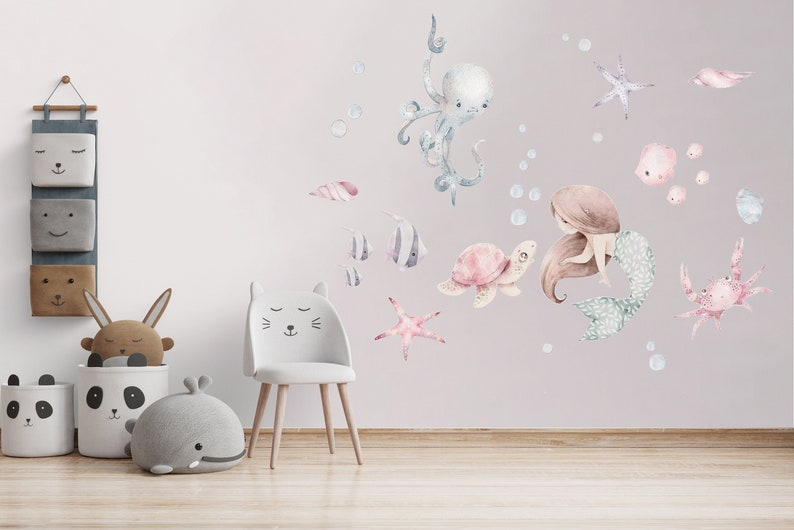 Nursery Mermaid Wall Decal, Watercolor Design (Peel and Stick)