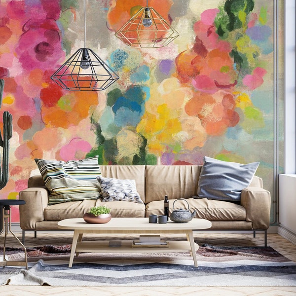 Colorful Garden Wallpaper Mural Vintage Floral - Peel And Stick, Retro Decor Art