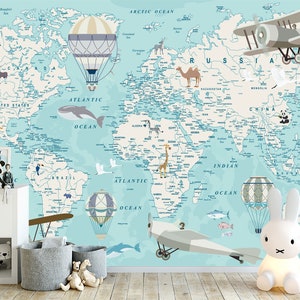 Kids World Map Wallpaper, Planes, Balloons Kids Learning Peel and Stick Kid's Wallpaper Mural, Map, removable, free express delivery