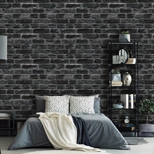 Peel and Stick Brick Wallpaper, Black Gray Pattern (Removable Mural)