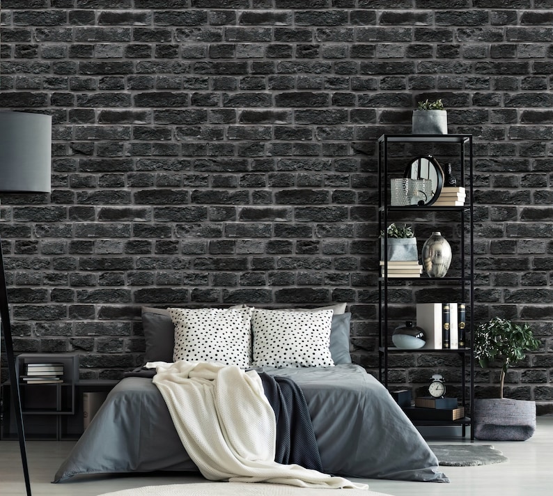 Peel and Stick Brick Wallpaper, Black Gray Pattern (Removable Mural)