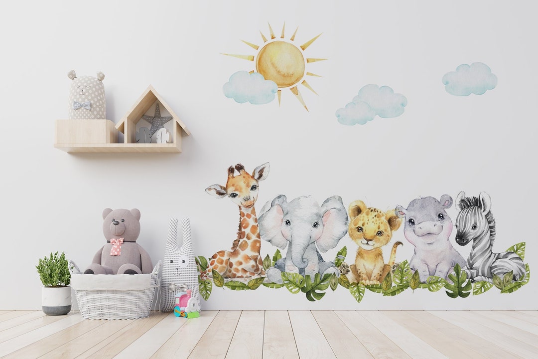 Watercolor Nursery Wall Mural | Safari Baby Elephant and Lion Decals - Etsy