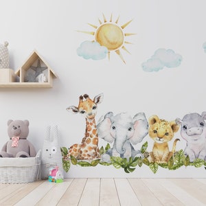Watercolor Nursery Wall Mural | Safari Baby Elephant and Lion Decals