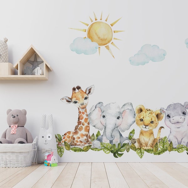 Aquarell Kinderzimmer Wandbild | Safari Baby Elefant und Löwe Decals