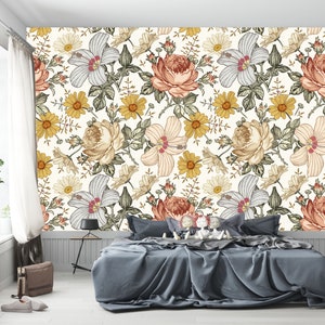 Nursery Wallpaper: Madelyn Floral Design - Removable, Vintage Style, Peel And Stick Decor, Baby Girl Room, Smooth Matte Finish