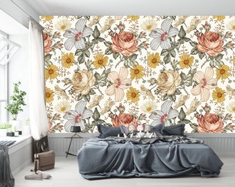 Nursery Wallpaper: Madelyn Floral Design - Removable, Vintage Style, Peel And Stick Decor, Baby Girl Room, Smooth Matte Finish