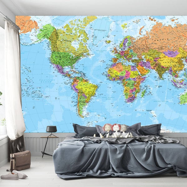 Reuze wereldkaart muurschildering - klassiek - woondecoratie, woonkamer, slaapkamer, wereldkaart muur sticker, kunst aan de muur, vintage kaart, wereldkaart behang