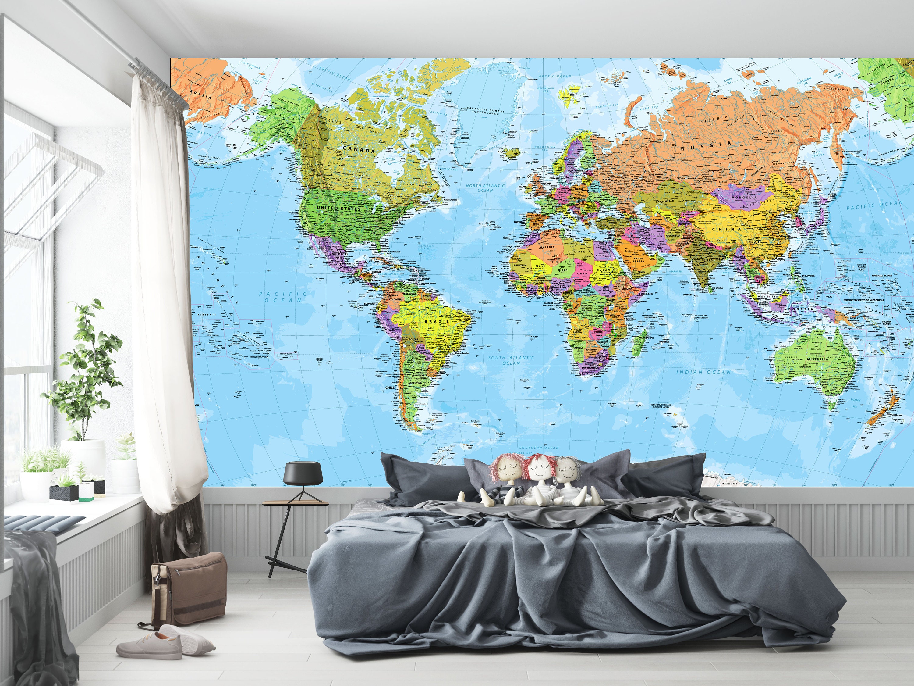 Large World Map Wall Mural - Physical World Map Wall Art Mural