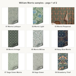 Könnte beinhalten: Ein Raster aus neun William Morris Tapetenmustern, beschriftet von 01 bis 09. Die Muster umfassen Larkspur, Light, Pimpernel, Vintage, Willow, Navy Blue, Sage Green und Strawberry Thief mit verschiedenen floralen und botanischen Motiven.