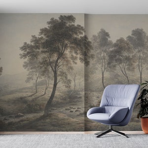 Minimalist Tree Wallpaper - Mid Century Watercolor Peel and Stick