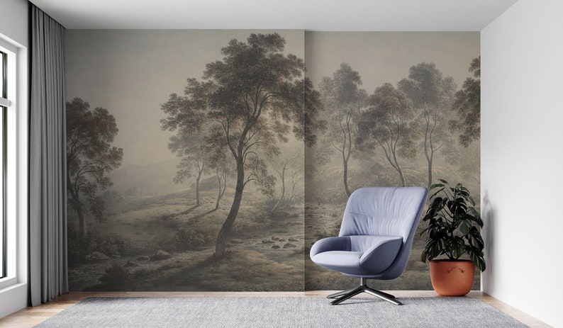 Minimalist Tree Wallpaper - Mid Century Watercolor Peel and Stick