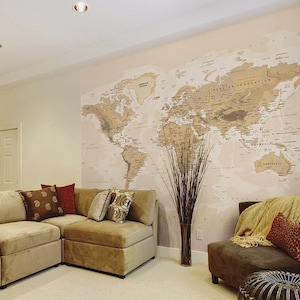 Sepia wereldmuurmuurschildering, kinderen, kamer, muurbekleding, ontwerp, kinderkamer - klassiek - woondecoratie, woonkamer, slaapkamer, sticker wereldkaart, vintage kaart
