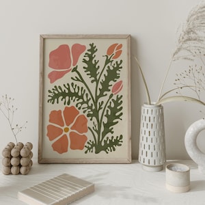 Póster con estampado floral retro vintage, arte mural botánico abstracto de los años 60 y 70 para decoración de mercado de flores bohemio y retro.