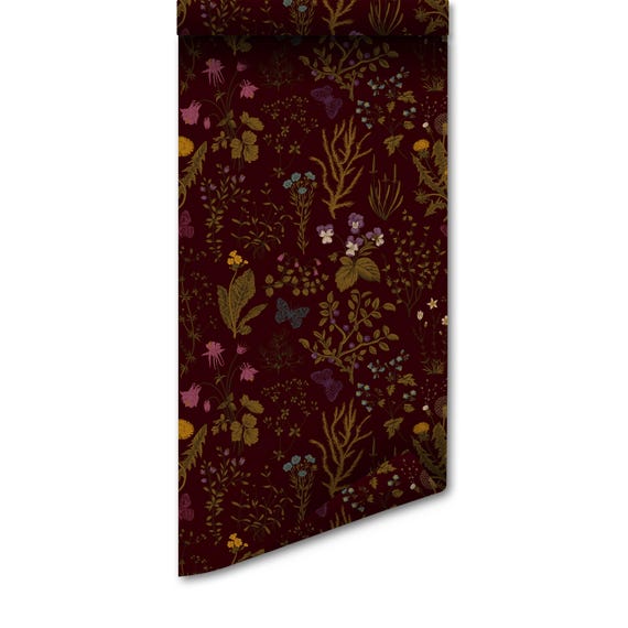 Botanical Peel and Stick Wallpaper Dark Field Flowers Pattern - Removable Mural, Moody Floral Art, Renter Friendly