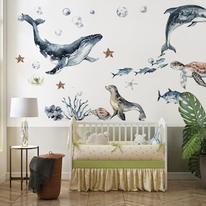 Ocean Animals Wall Decal for Kids and Nursery, Sticker Set, Dolphin, Turtle, Whale, Fishes, Seal,  Corals, Watercolour,  OCEAN Life