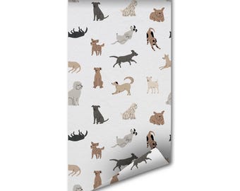 Puede incluir: Rollo de papel pintado con un patrón repetido de perros en negro, marrón y beige sobre un fondo blanco. Los perros están representados en varias poses, creando un diseño lúdico. El rollo está desenrollado, mostrando el patrón.