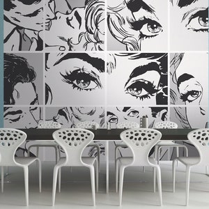 Black & White Pop Art Wall Mural, Self adhesive removable wallpaper, peel and stick, temporary wallpaper, wall art