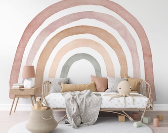 Papel pintado mural de arcoíris bohemio neutro, autoadhesivo, decoración infantil, gran formato removible para la pared de la habitación de los niños.