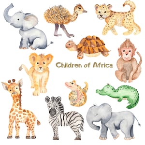 Safari animals, Wall Decal, Watercolor cute cartoon African animals, Watercolor Decal Set, nursery, Peel and stick, Nursery wall sticker