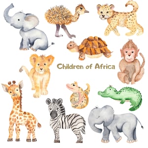 Animales de safari, calcomanía de pared, animales africanos de dibujos animados lindos en acuarela, juego de calcomanías de acuarela, guardería, despegar y pegar, calcomanía de pared para guardería