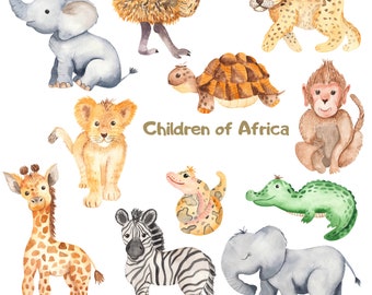 Watercolor Safari Animal Wall Decals, Baby Jungle Nursery Decor, Peel and Stick Stickers, Removable Kids Art