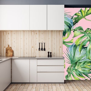 Carta da parati Pink Jungle, stacca e attacca, carta da parati Monstera Palm Leaf, carta da parati esotica rimovibile con foglie di Monstera, murale Green Jungle
