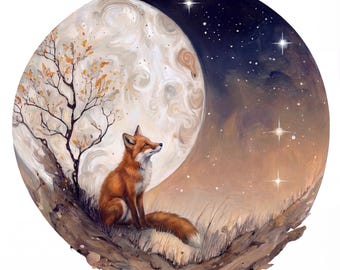 Vinilo decorativo redondo de zorro del bosque y luna, pegatina para habitación infantil, decoración de habitación con animales del bosque, mural autoadhesivo.