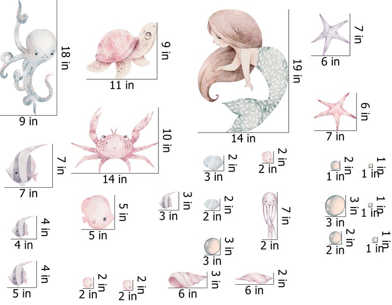 Nursery Mermaid Wall Decal, Watercolor Design (Peel and Stick)