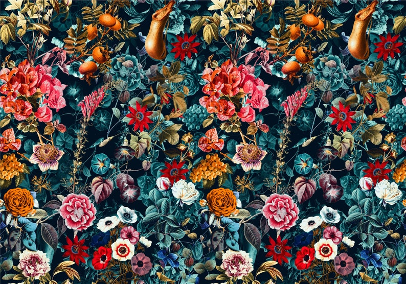 Floral Wall Mural: Dark Garden Design - Removable Peel & Stick