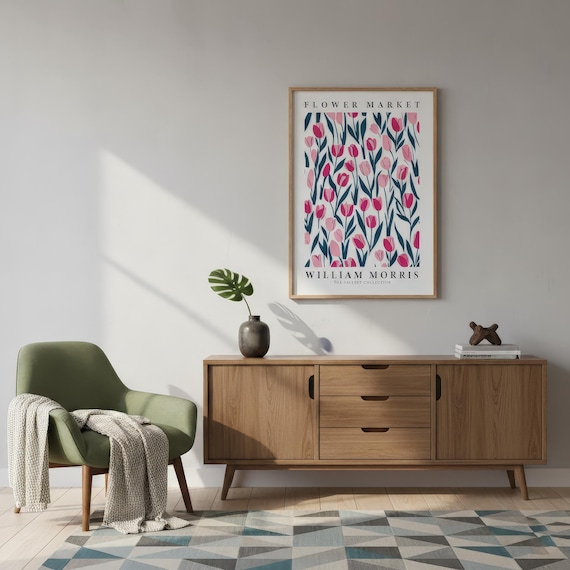 Vintage Tulip Poster: William Morris Floral Art (Pink Botanical) - Premium Photo Paper, Canvas Wall Hanging