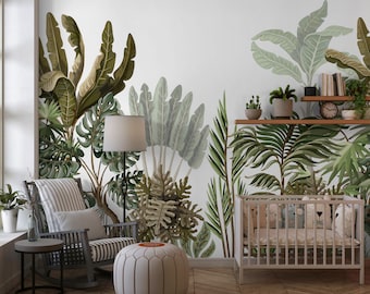 Wallpaper, photo wallpaper, jungle, white, white, nursery, baby room, nature, tropics, palm trees, smooth fleece, matte
