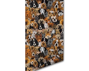 May include: A vertical roll of fabric or wallpaper featuring a dense, repeating pattern of various dog breeds in shades of brown, black, white, and gray. The illustration displays numerous canine faces with distinct features, ears, and expressions.
