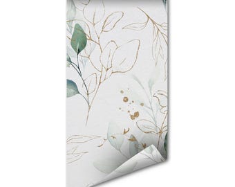 Eucalyptus Wall Mural Botanical Green Leaves Peel and Stick - Gold Leaf Art, Renter Friendly