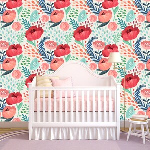 Peel and Stick Nursery Wallpaper - Pink Poppy Floral Design
