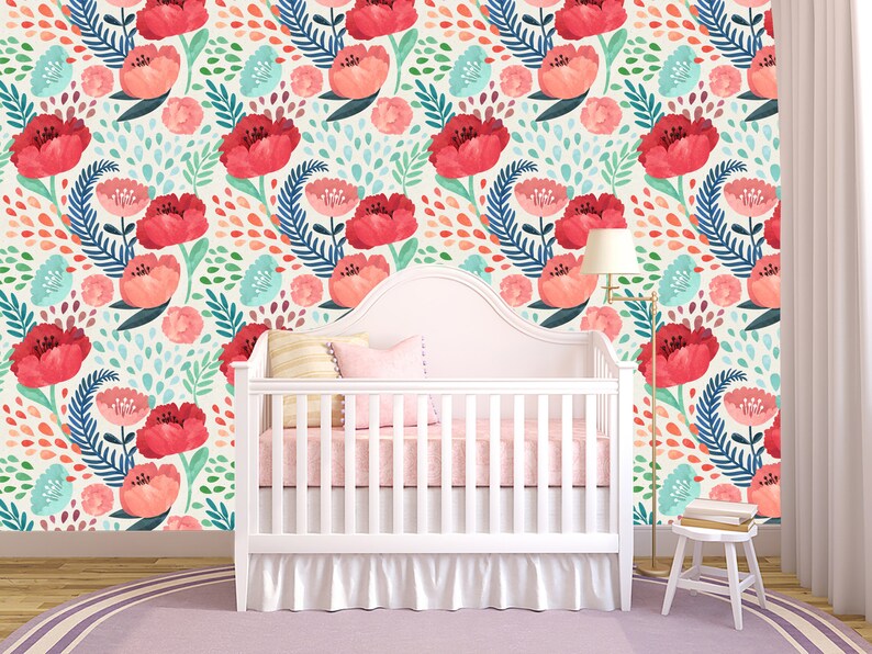 Peel and Stick Nursery Wallpaper - Pink Poppy Floral Design