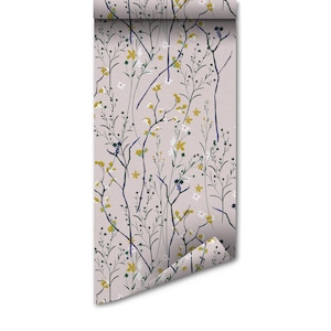 Wind Blow Flowers | Removable Wallpaper | Scandinavian Wallpaper | Temporary Wallpaper | Peel and Stick Wallpaper