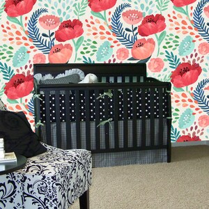 Peel and Stick Nursery Wallpaper - Pink Poppy Floral Design