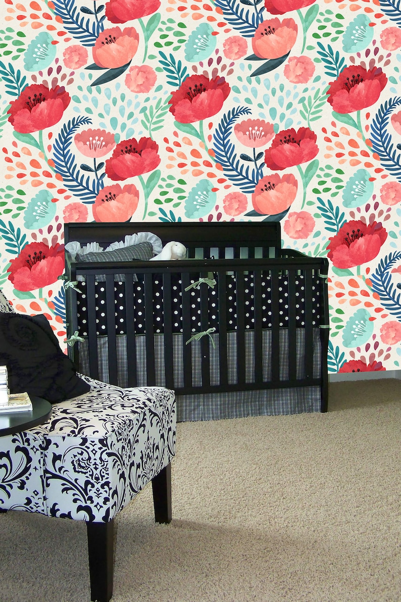 Peel and Stick Nursery Wallpaper - Pink Poppy Floral Design