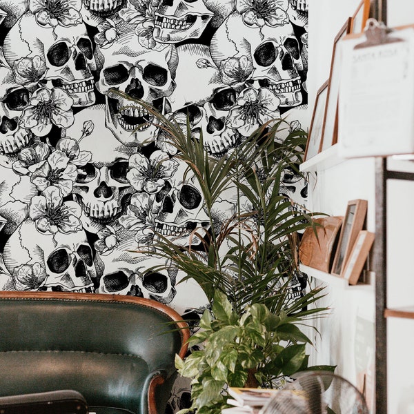 Skull and Cherry Flowers | Wall Hanging | Peel and Stick Wallpaper | Removable Wallpaper | Wall Decor | Home Decor | Wall Art Printable