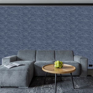 Japanese Waves Temporary Wallpaper: Navy Blue Peel and Stick (Removable)