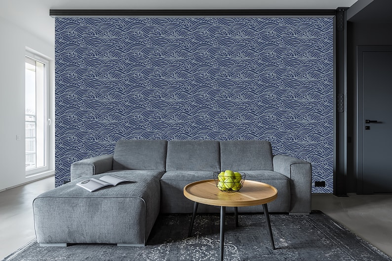 Japanese Waves Temporary Wallpaper: Navy Blue Peel and Stick (Removable)