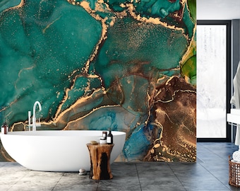 Botanical Peel and Stick Wallpaper Marble Pattern Art - Removable Mural, Renter Friendly, Bathroom Decor