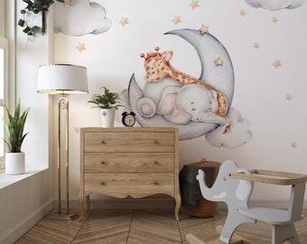 Calcomanía de pared de elefante y jirafa en la luna, pegatina de pared de habitación infantil, pegatina con estrellas, elefante creciente, habitación de bebé