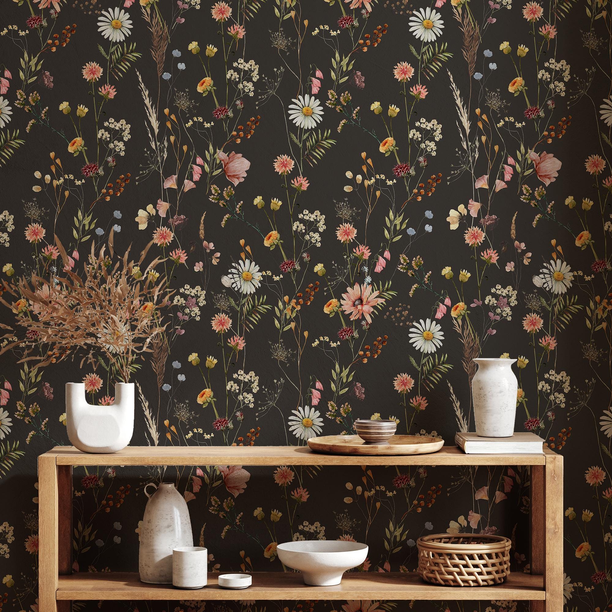 Wildflower Wallpaper: Moody Black With Sage Green - Removable Peel